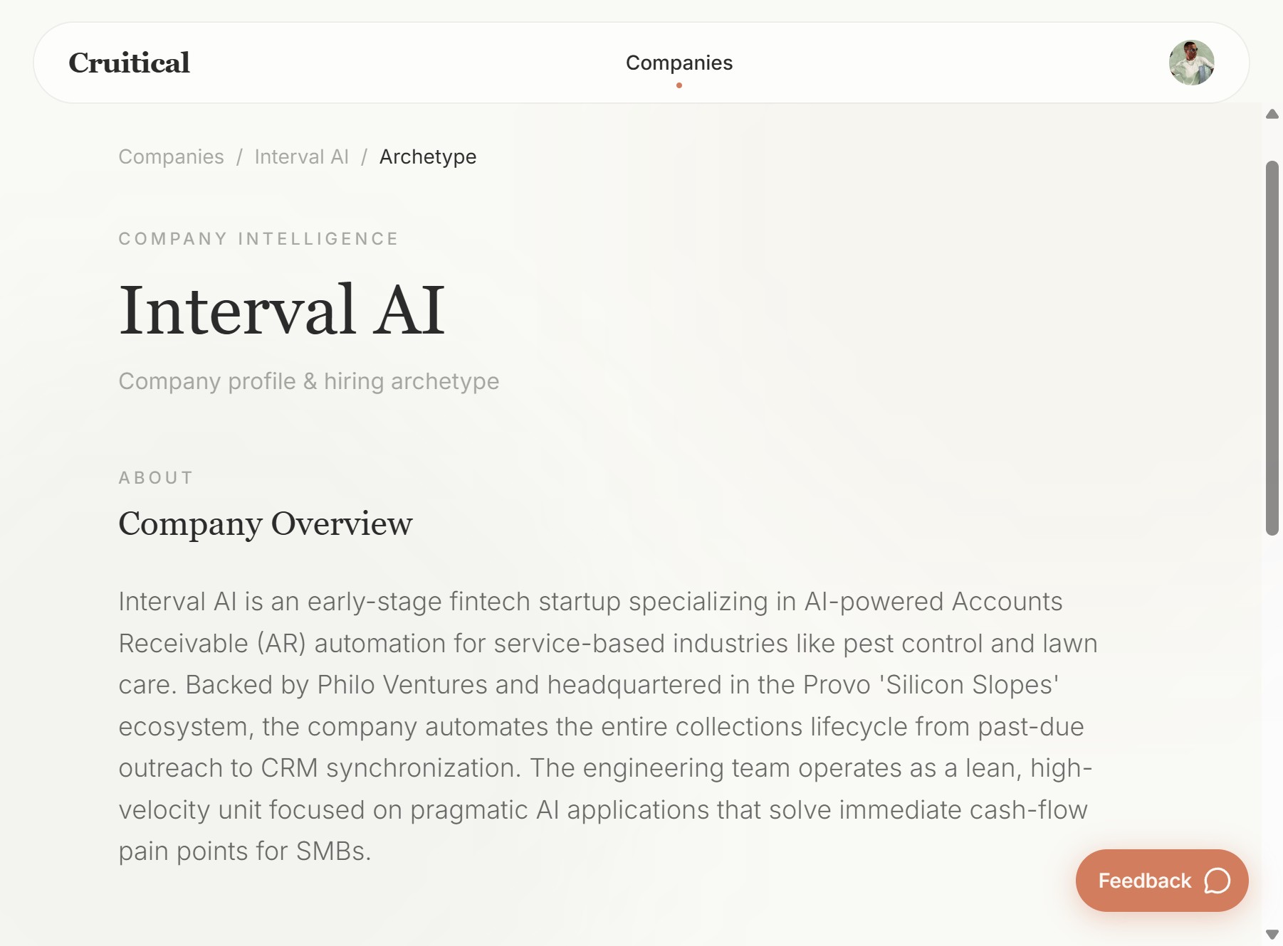 Interval AI Company Archetype showing Company Overview