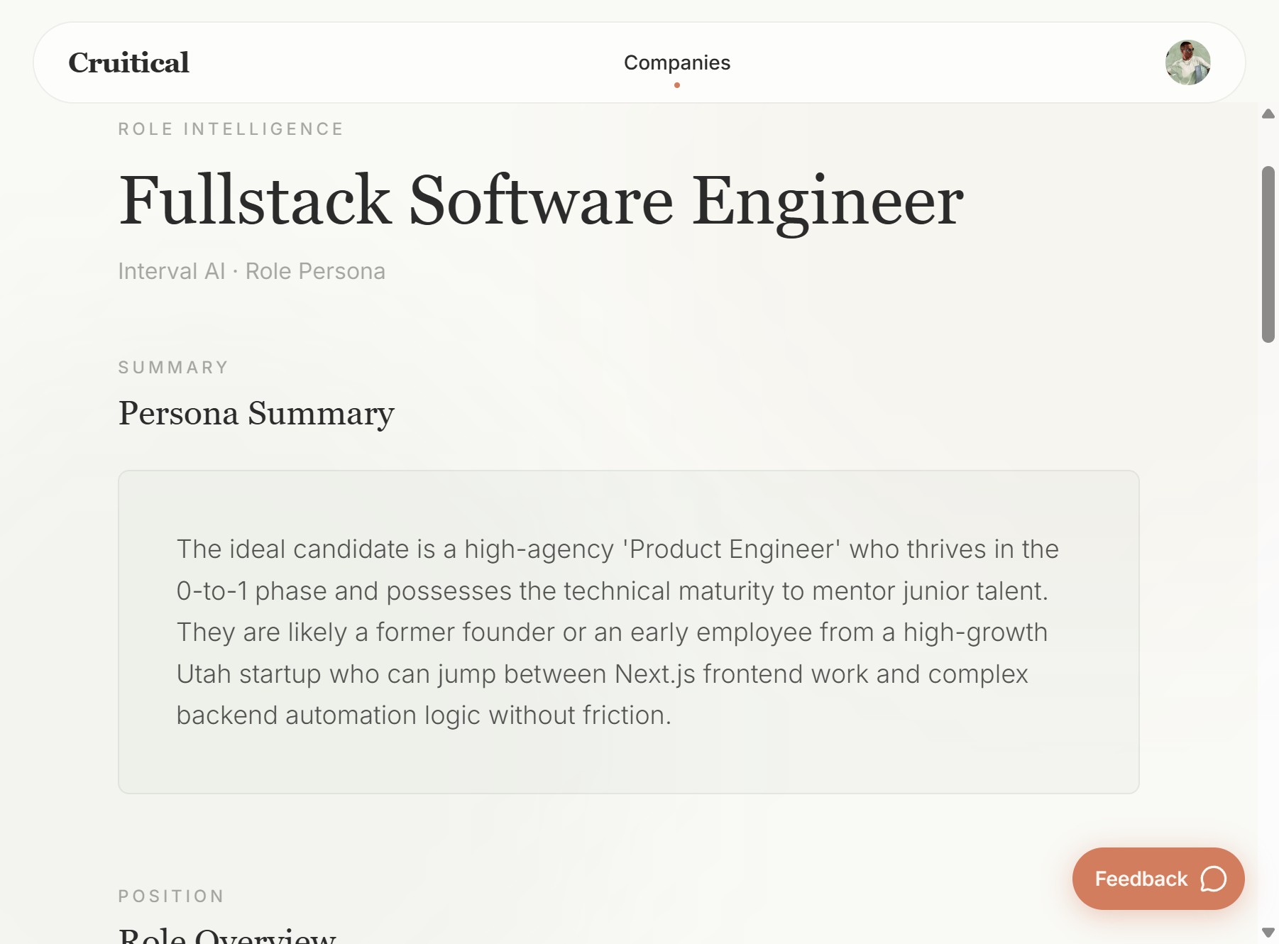 Role Persona showing Persona Summary for Fullstack Software Engineer