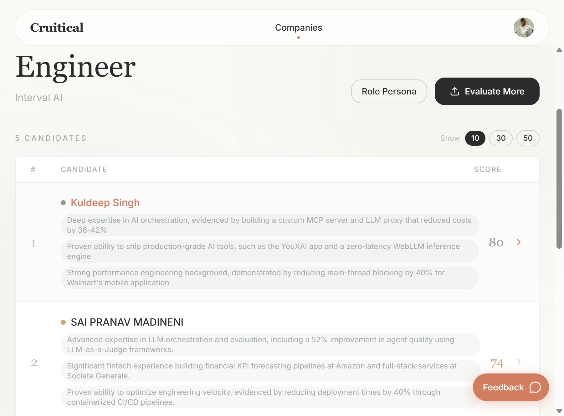 Scored candidates list showing Kuldeep Singh at 80 and Sai Pranav Madineni at 74