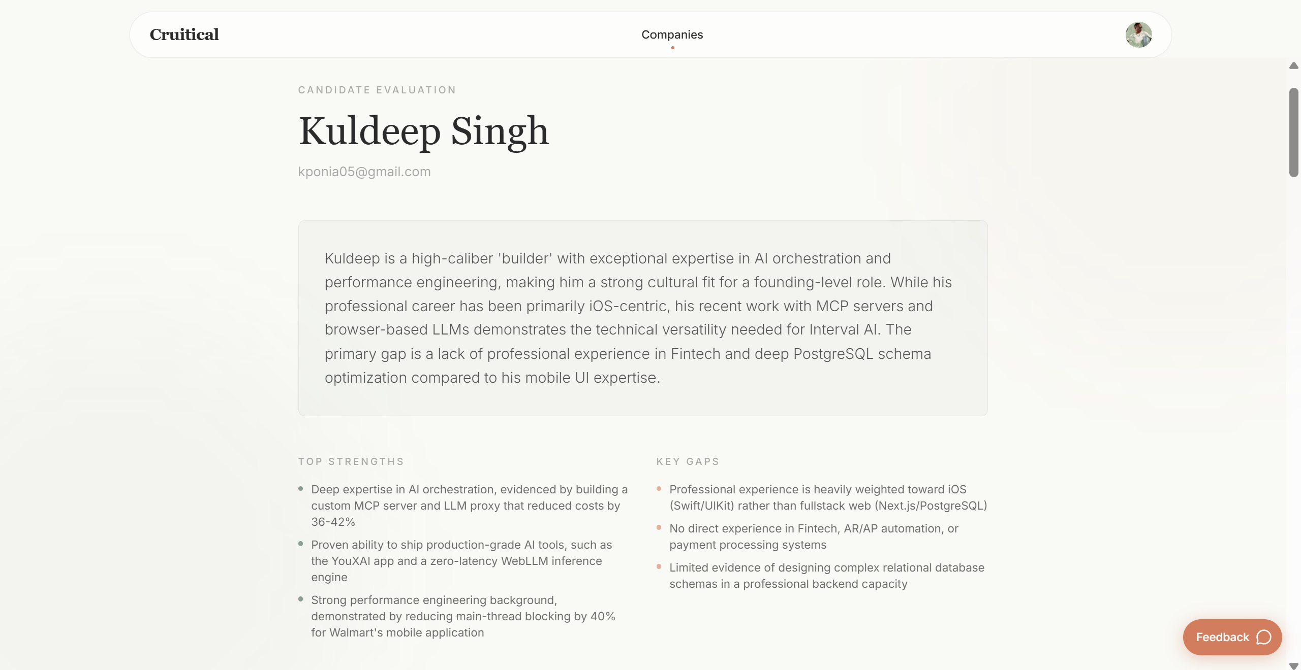 Individual candidate evaluation showing summary, top strengths, and key gaps
