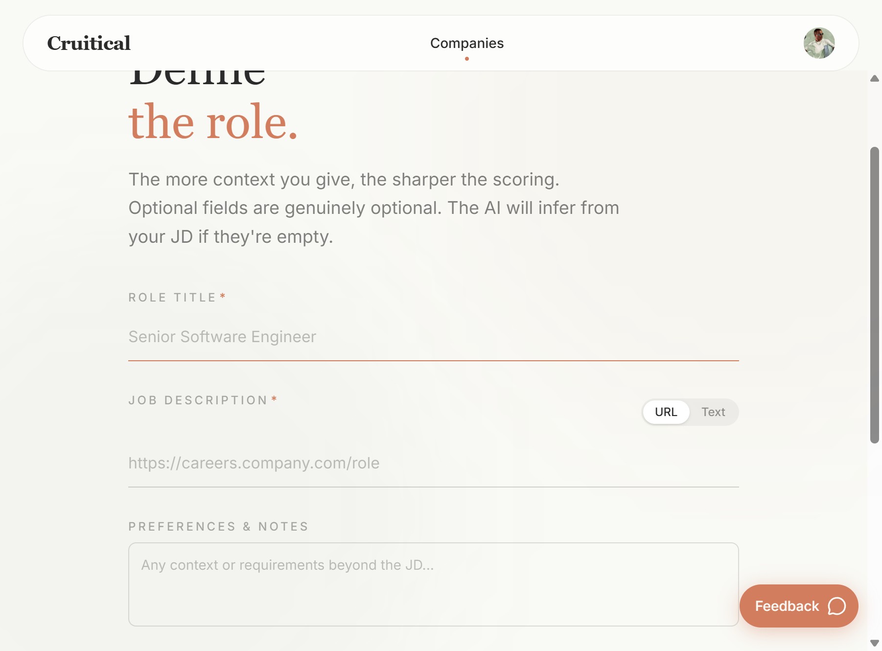 Role definition form with title and JD fields