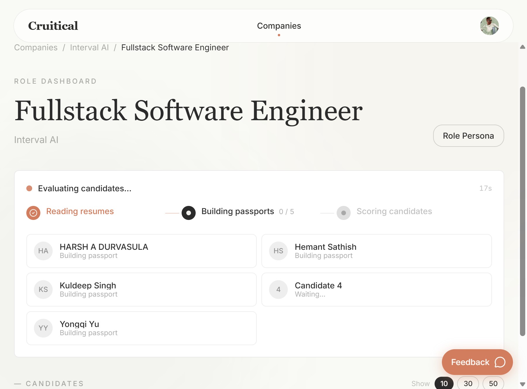 Evaluation pipeline in progress showing Reading resumes, Building passports, Scoring candidates